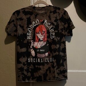 Tie-Dye Black Graphic Tee with Red Anime Girl